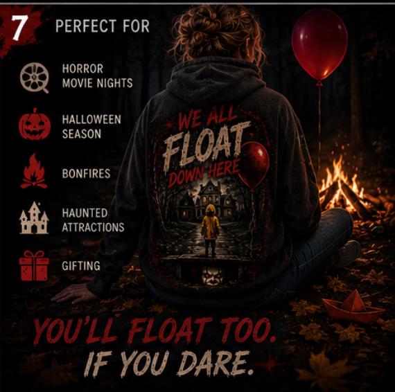 You'll Float Too Hoodie | Pennywise Inspired Horror Hoodie | Halloween Hoodie | Horror Movie Sweatshirt | Spooky Season Hoodie | Unisex Hood