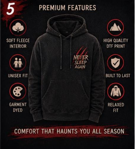 Elm Street Horror Hoodie | Never Sleep Again Sweatshirt | Spooky Nightmare Apparel