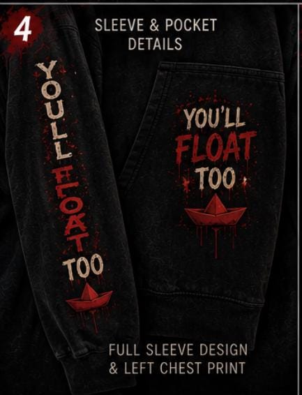 You'll Float Too Hoodie | Pennywise Inspired Horror Hoodie | Halloween Hoodie | Horror Movie Sweatshirt | Spooky Season Hoodie | Unisex Hood