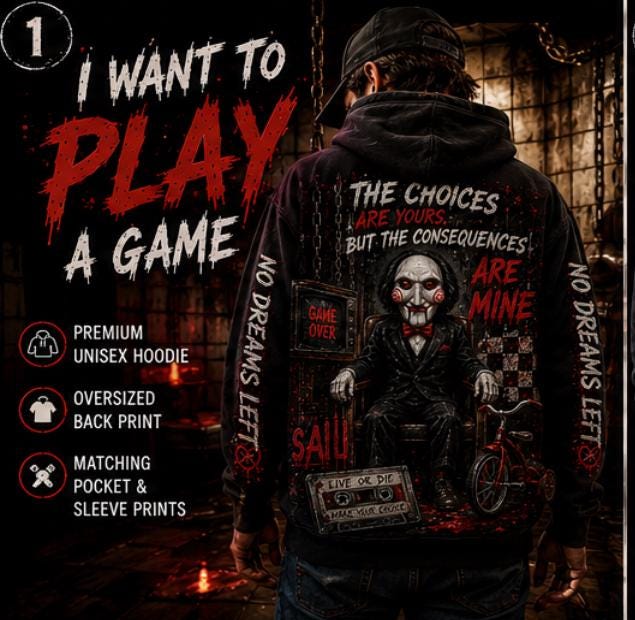Jigsaw Inspired Horror Hoodie | I Want to Play a Game Hoodie | Halloween Hoodie | Horror Movie Sweatshirt | Billy Puppet Hoodie | Unisex