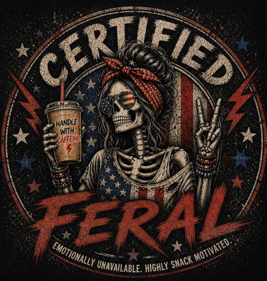 Certified Feral Skeleton Mom Shirt, Distressed Retro Graphic Tee, Funny Sarcastic Coffee Lover