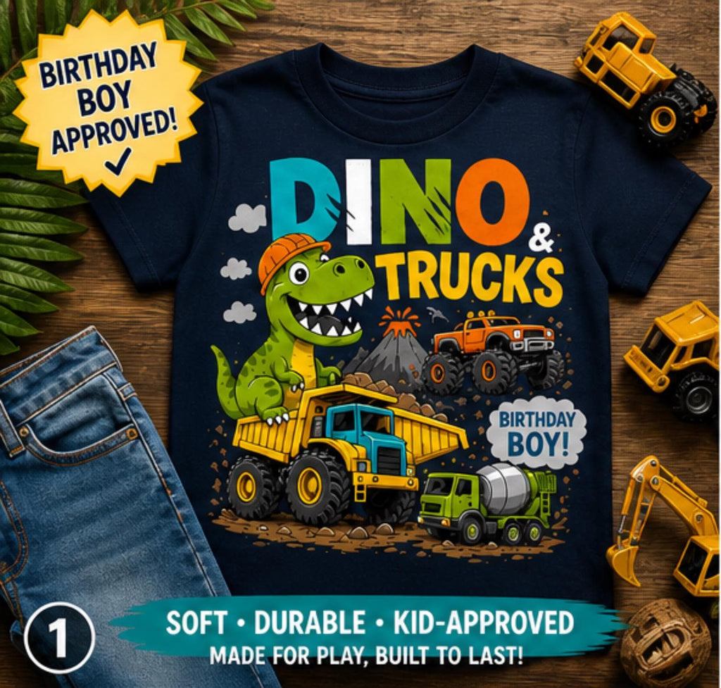Boys Dino Trucks Shirt, Dinosaur Construction Excavator Tee, Toddler Birthday Fun Crew