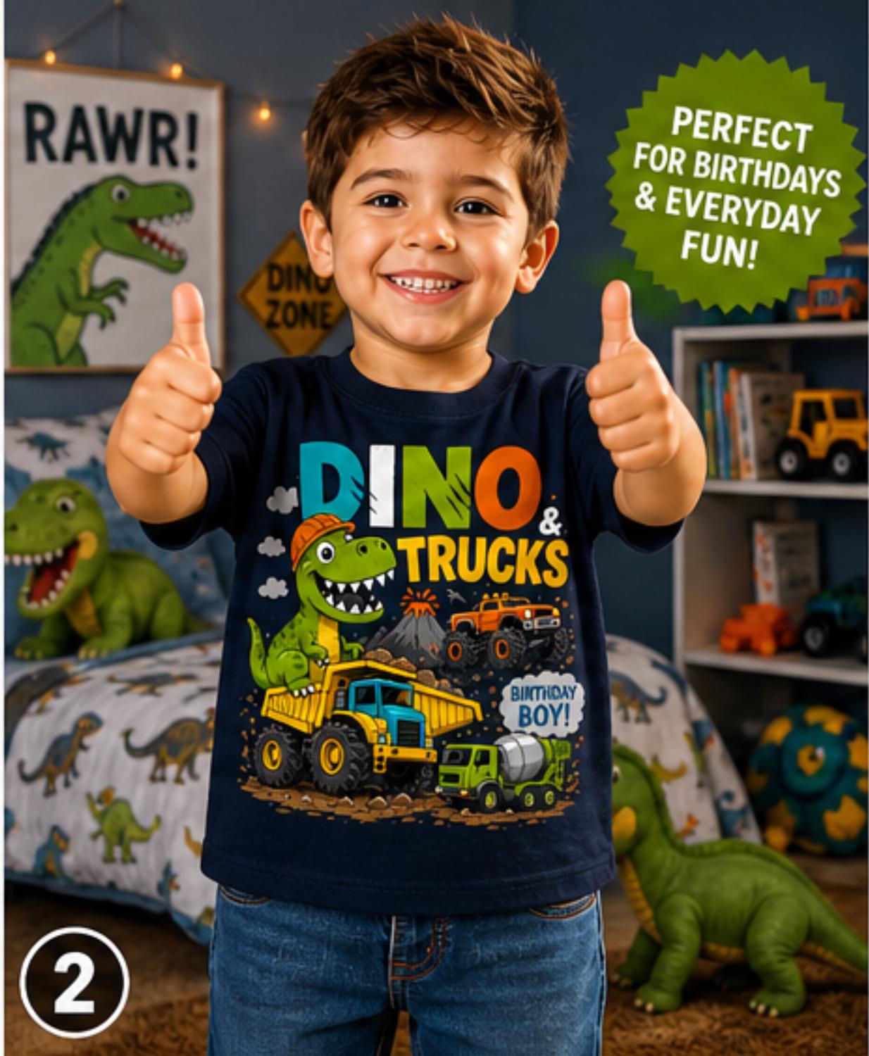 Boys Dino Trucks Shirt, Dinosaur Construction Excavator Tee, Toddler Birthday Fun Crew