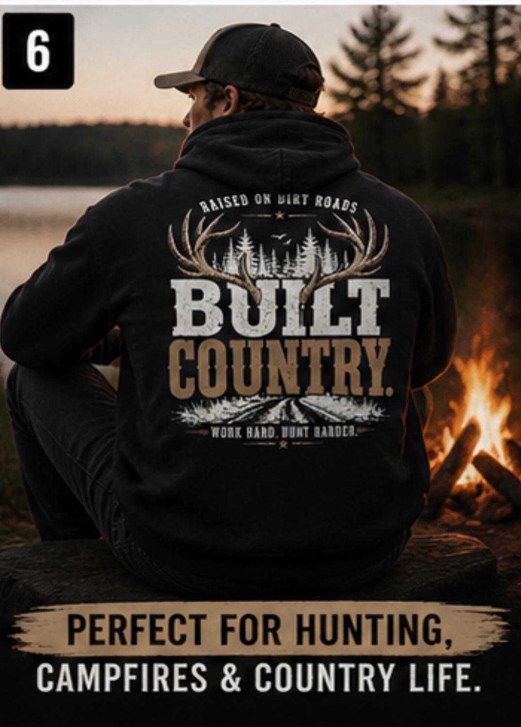 Built Country Hoodie, Rustic Deer Antler Sweatshirt, Raised Dirt Roads Outdoors