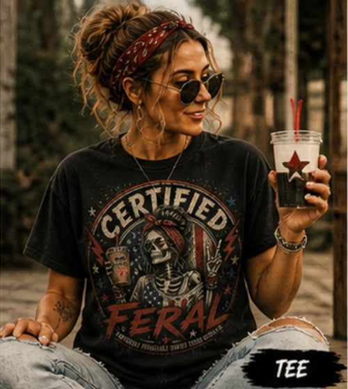 Certified Feral Skeleton Mom Shirt, Distressed Retro Graphic Tee, Funny Sarcastic Coffee Lover