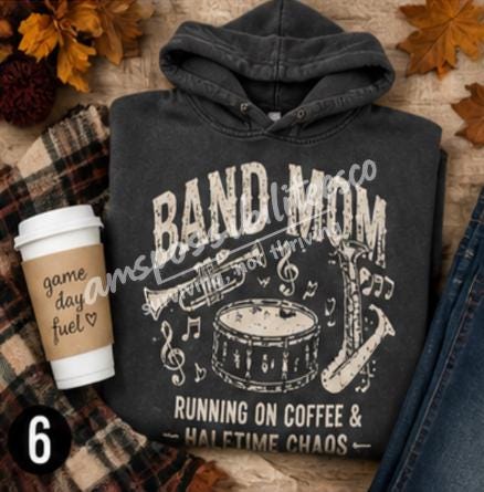 Band Mom Hoodie Comfort Colors Pepper | Running on Coffee & Halftime Chaos | Marching Band Mom Sweatshirt | Football Game Mom Gift