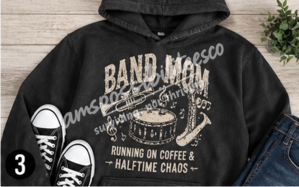 Band Mom Hoodie Comfort Colors Pepper | Running on Coffee & Halftime Chaos | Marching Band Mom Sweatshirt | Football Game Mom Gift