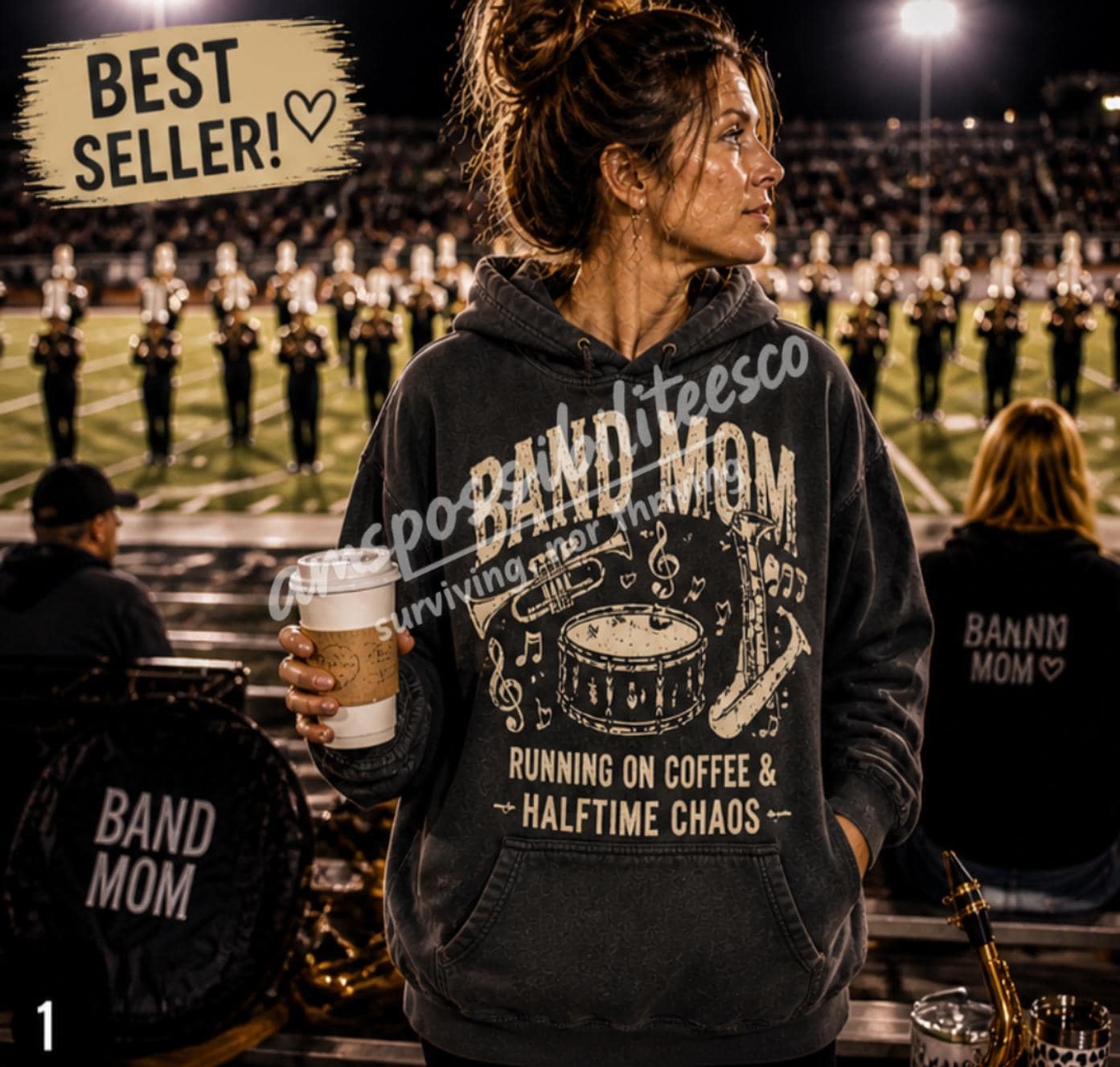 Band Mom Hoodie Comfort Colors Pepper | Running on Coffee & Halftime Chaos | Marching Band Mom Sweatshirt | Football Game Mom Gift