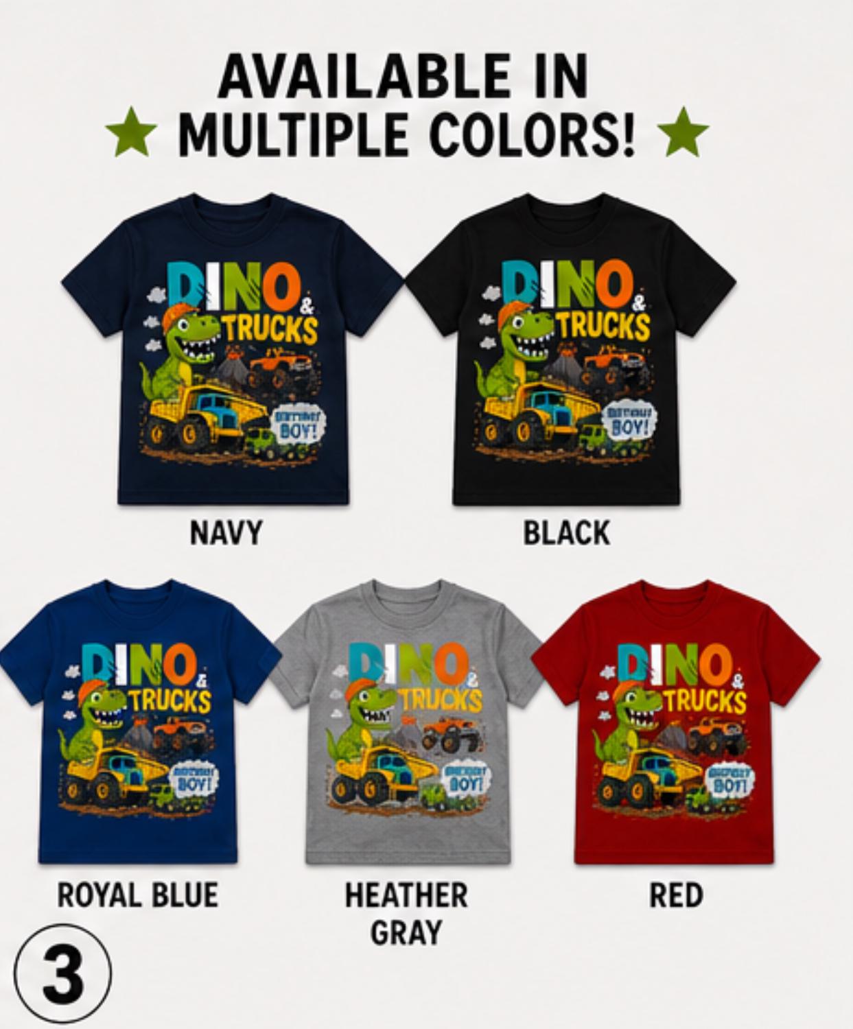 Boys Dino Trucks Shirt, Dinosaur Construction Excavator Tee, Toddler Birthday Fun Crew